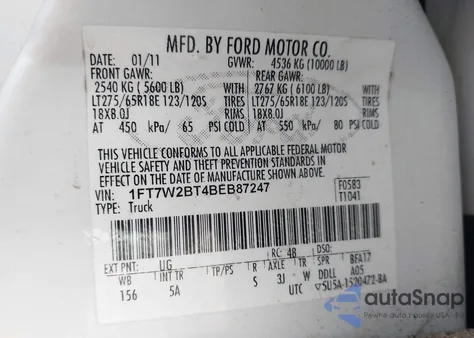 2011 Ford F-250 Lariat z USA, uszkodzony, nr VIN 1FT7W2BT4BEB87247